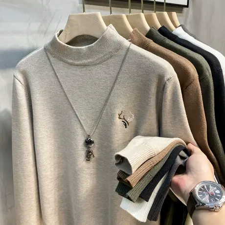 半高领毛衣男秋冬新款针织衫潮流中领商务休闲加绒加厚保暖打底衫商品大图