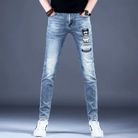 潮牌潮流印花牛仔裤男款修身小脚2023新紧身休闲裤子弹力秋款轻奢图片
