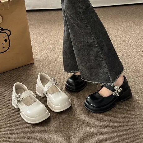厚底浅口圆头复古英伦风小皮鞋女2023秋季新款粗跟软妹乐福鞋单鞋图片