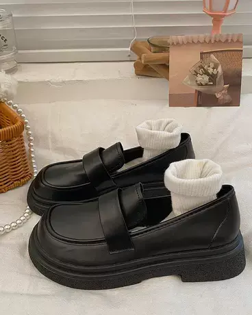 厚底一脚蹬乐福鞋女2023年春秋季新款时尚百搭英伦风复古小皮鞋单商品大图