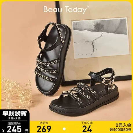 BeauToday黑色厚底凉鞋女夏平底时装凉鞋一字带真皮松糕罗马女鞋商品大图