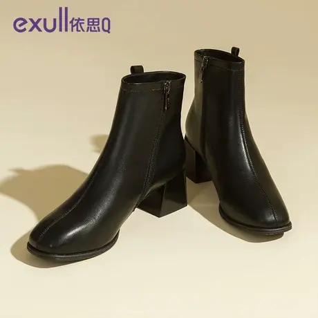 exull/依思Q马丁靴女冬增高短靴冬季新款复古英伦风中筒黑色皮靴图片