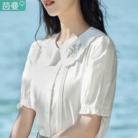 茵曼官方旗舰店韩系法式夏季麻棉上衣独特别致小衫半袖白衬衫女款图片