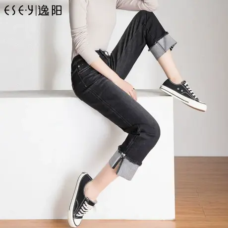 逸阳2023春秋新款黑色宽松显瘦九分翻卷边弹力直筒牛仔裤女潮ins商品大图