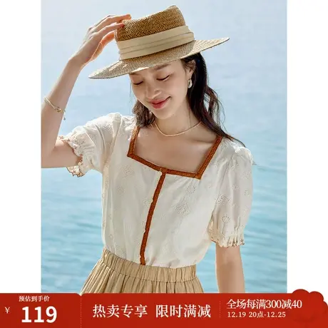 茵曼2023夏季女装新款法式温柔镂空绣花撞色方领泡泡袖衬衫衬衣商品大图
