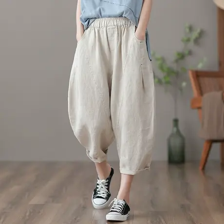 dza 高腰显瘦薄款九分棉麻裤子女士夏季新款宽松阔腿裤亚麻直筒裤图片