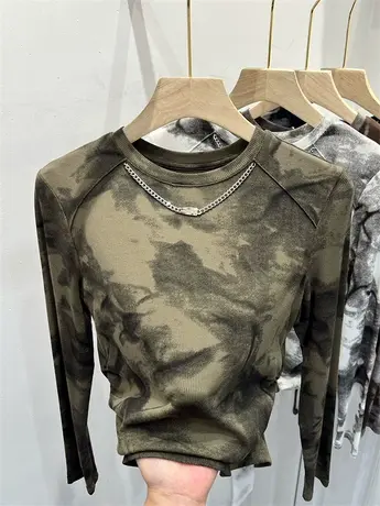 水墨画晕染针织衫修身长袖上衣T恤女2023早秋新款链条拼接打底衫图片