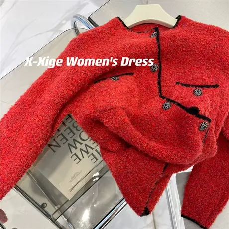 钻扣小香风气质颗粒圈圈毛衣女秋冬圣诞新年红显白宽松短开衫外套商品大图