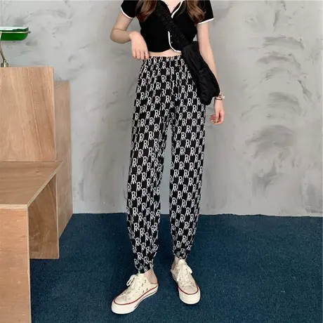 春夏季冰丝薄款高腰白色束脚直筒运动休闲阔腿裤女装ins哈伦裤子商品大图