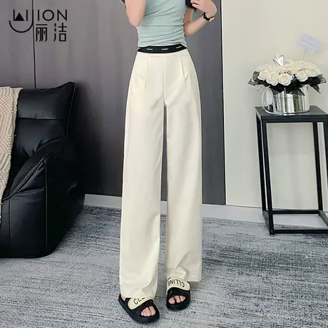 艾草显瘦阔腿裤女夏薄款2025新款拼接高腰裤子宽松慵懒风直筒长裤商品大图
