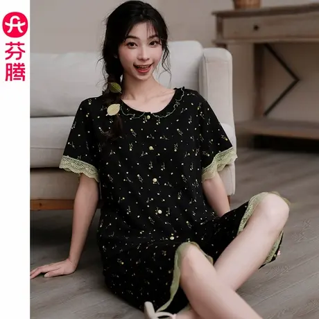 芬腾新款女士睡衣纯棉夏季薄款短袖七分裤套装大码休闲舒适家居服商品大图