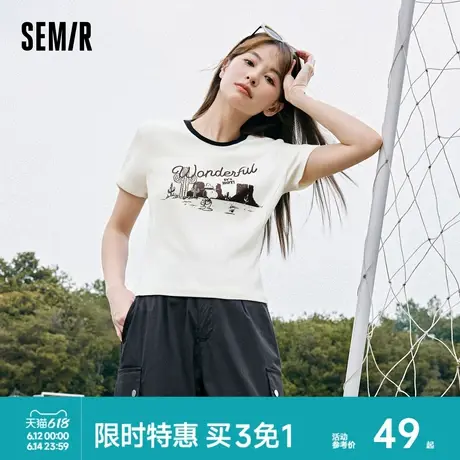 森马史努比系列短袖T恤女短款紧身撞色复古夏季小个子印花上衣商品大图