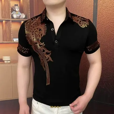 欧货镭射冰丝短袖T恤男青年潮流帅气翻领POLO衫百搭烫金夏装上衣图片