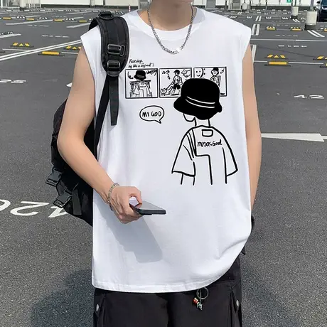 背心男夏季新款休闲宽松无袖t恤大码INS潮流百搭透气纯棉运动坎肩商品大图
