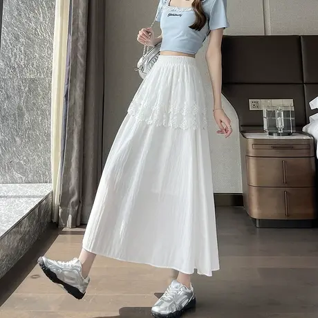 时尚通勤半身裙2025年夏季新款女高腰拼接蕾丝纯色简约假两件短裙图片