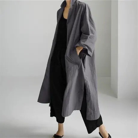 早秋新款薄款风衣女中长款韩版侧开叉宽松大码时尚Polo领纯色外套商品大图