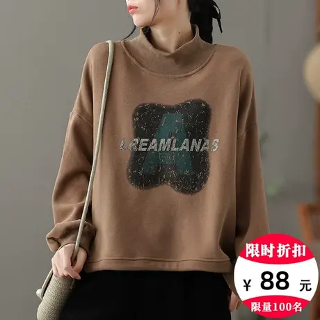 dza 复古短款高领加绒卫衣女士冬季加厚外套休闲套头上衣打底长袖商品大图