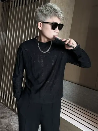 2023早秋季男装上衣青春时尚休闲圆领套头破洞衣服男生潮乞丐卫衣商品大图