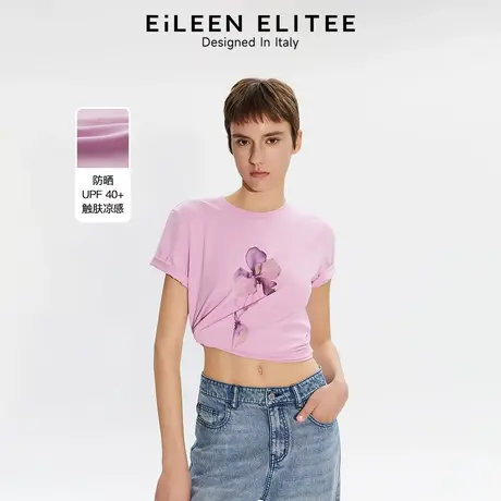朗姿欧洲EiLEEN ELITEE休闲粉色设计感个性印花t恤2025年夏季女图片
