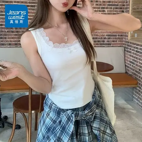 KP真维斯2025夏季新款女士纯色甜美方领蕾丝无袖文胸一体吊带背心商品大图