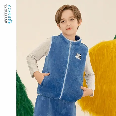 舒雅童装秋冬男童法兰绒亲肤立领拉链小老虎刺绣家居服背心马甲图片