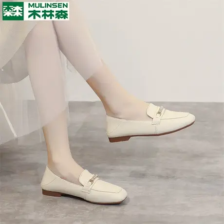木林森女鞋2025夏季新款平底单鞋女豆豆鞋复古小皮鞋法式乐福鞋女图片