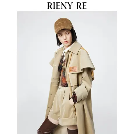 RIENYRE风衣外套女秋冬季修身质感针织领装饰可拆卸条绒长款大衣图片