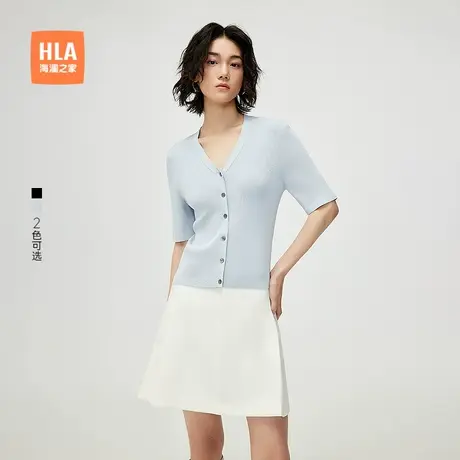 HLA/海澜之家轻薄休闲风短袖针织衫25夏季新V领纯色优雅毛衣女装商品大图