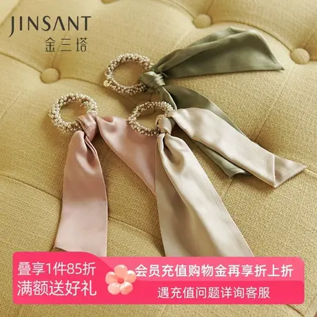 珠光珍珠】金三塔100%桑蚕丝发圈法式双层真丝珍珠点缀飘带发绳商品大图