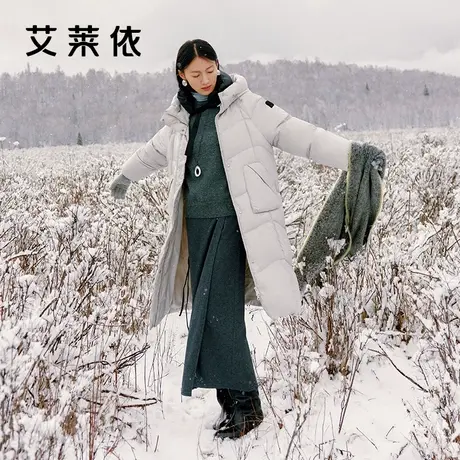 艾莱依长款羽绒服女款大衣休闲宽松运动可脱卸u型枕鹅绒外套流行图片