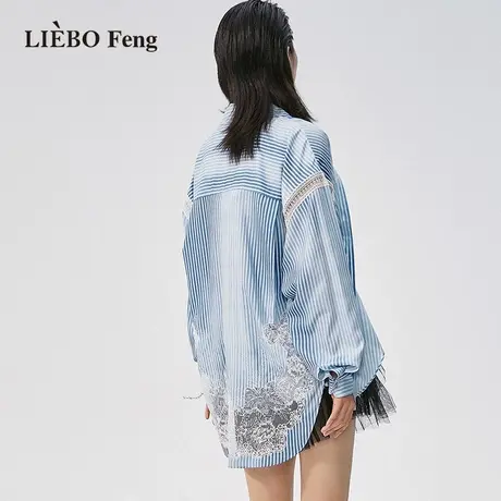 裂帛LIEBOFeng2023年新商场同款休闲条纹蕾丝雪纺长袖衬衫图片