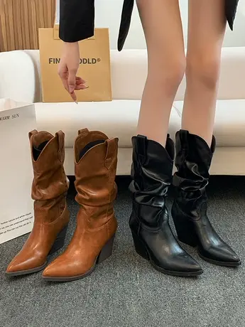 靴子女2023春秋新款复古长靴褶皱粗高跟堆堆靴厚底尖头高筒马丁靴图片