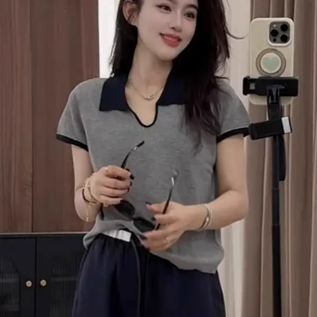 polo领冰丝针织衫正肩短袖t恤女夏季设计感显瘦炸街独特漂亮上衣商品大图