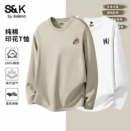 班尼路S&K系列浅卡其色纯棉长袖T恤男秋季新款字母印花潮流打底衫图片
