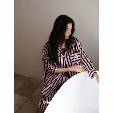 贝妍睡衣女春秋新款柔软莫代尔棉家居服简约条纹开衫长袖长裤套装商品大图