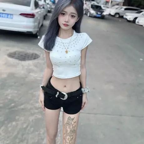 重工镶钻正肩短袖t恤女夏纯欲甜辣妹性感短款小个子上衣别致绝美商品大图