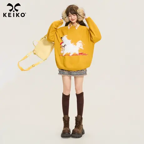 KEIKO 可爱萌宠提花姜黄色毛衣女25秋冬氛围感宽松圆领套头针织衫商品大图