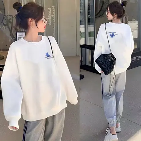 欧货时尚蝴蝶印花重磅卫衣女早秋2025冬新款白色加绒圆领套头上衣商品大图