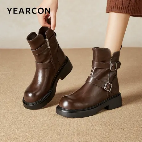 意尔康女鞋短靴加绒粗跟女士休闲皮鞋英伦风【j】图片