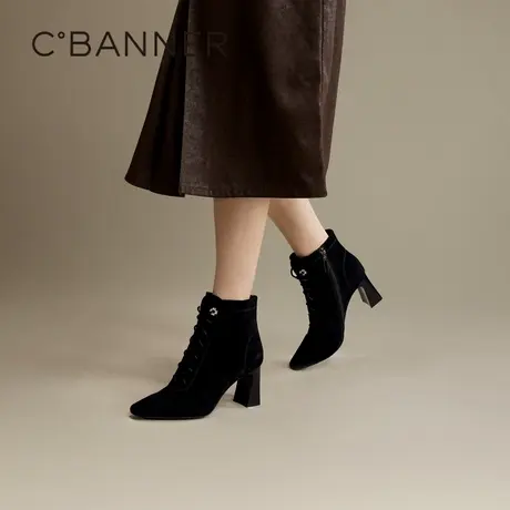 千百度粗高跟羊皮靴女百搭冬季气质时尚时装靴通勤洋气小短靴子图片