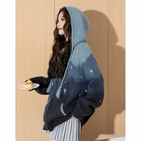 唐狮秋冬季新款开衫毛衣女连帽渐变撞色图案提花拉链毛线衫TD商品大图