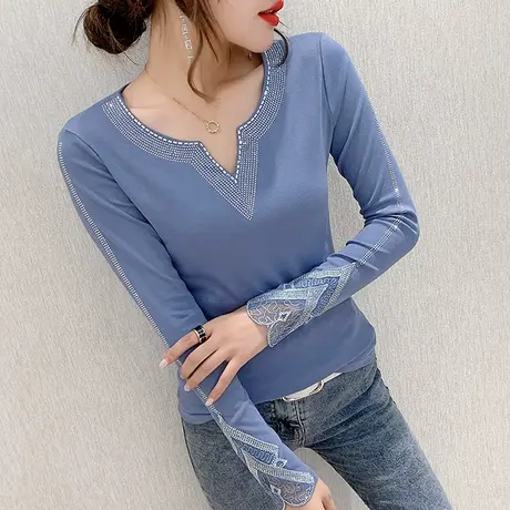 2023春装新款时尚烫钻V领T恤女长袖蕾丝拼接洋气上衣百搭打底衫潮商品大图