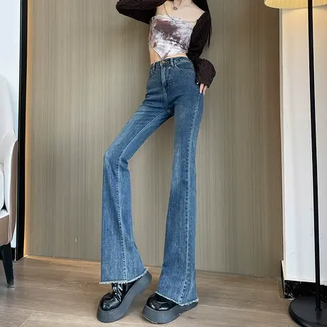 蓝色微喇牛仔裤女2023秋季新款高腰弹力显瘦马蹄裤休闲拖地喇叭裤商品大图