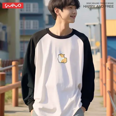 悦游 吹风柯基&美短 重磅纯棉300g日系可爱猫狗拼色长袖插肩T恤男商品大图