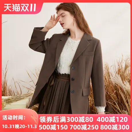 蓝色倾情秋冬女装 咖色洋气个性西装外套搭配JK短裙系带百褶裙图片