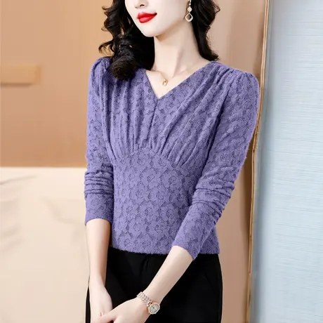 超好看蕾丝打底衫女2023秋冬新款加绒加厚女上衣修身显身材小衫女图片