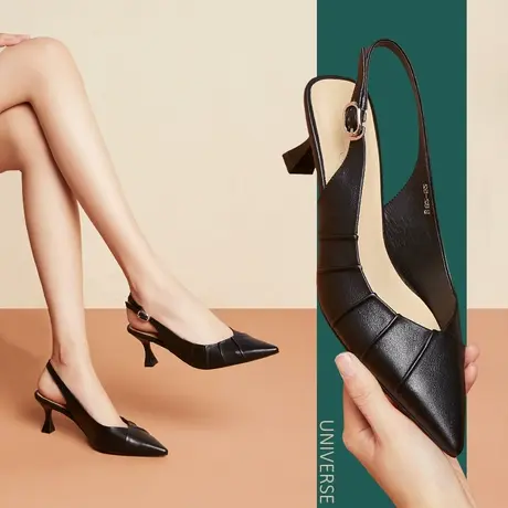 清仓凉鞋女包头浅口后空搭扣欧美细跟高跟鞋日常套脚纯色鞋商品大图