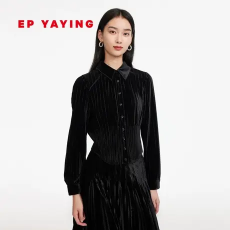 [小蛮腰]EP雅莹女装 丝绒瘦瘦衫显瘦黑收腰衬衫 商场同款2131A商品大图