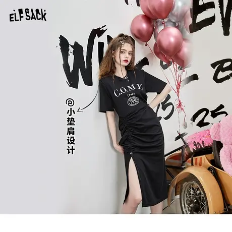 妖精的口袋黑色t恤连衣裙女2023夏季新款显瘦小众设计感修身裙子商品大图