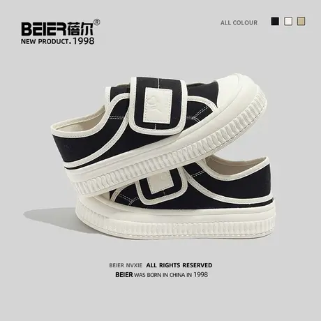 蓓尔帆布鞋女2023夏季新款百搭魔术贴一脚蹬两穿休闲半拖小白鞋子商品大图